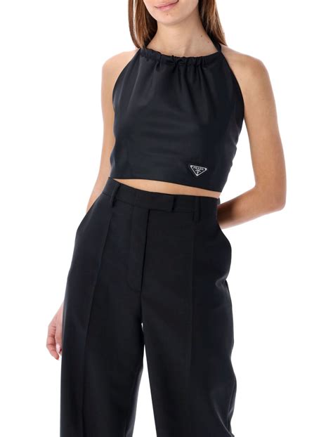 prada croptop|prada nylon ruffled top.